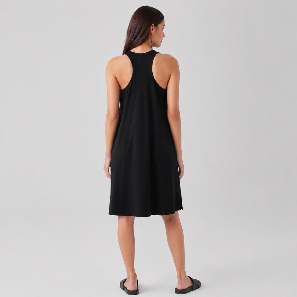 Eileen Fisher Black Jersey Sleeveless Tank Dress Large Pockets Minimalist Midi